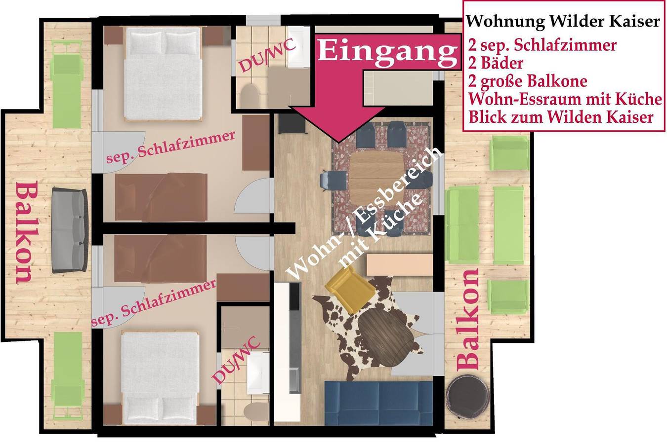 Wohnung Wilderkaiser 80m²/2 Schlafr/2 Bäder/Balkon in Going am Wilden Kaiser, Kaisergebirge