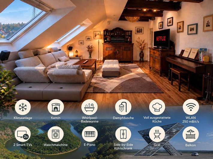 Ferienwohnung für 4 Personen, mit Balkon und Whirlpool sowie Sauna und Ausblick in Saarbrücken