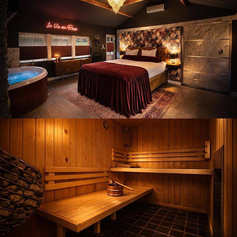Wellness Tuin Horst Noord Limburg - Suite met Indoor Jacuzzi en Openhaard en privé Sauna - in Romantische stijl - Ultieme Partner Beleving in Horst, Limburg