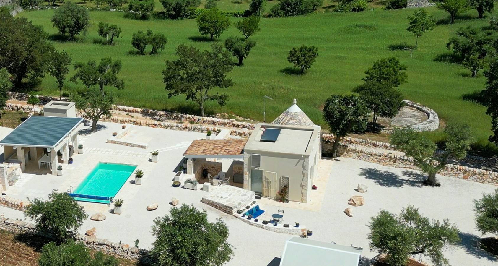 Ein Trullo inmitten jahrhundertealter Olivenbäume in der Nähe von Alberobello in Martina Franca, Tarent Provinz