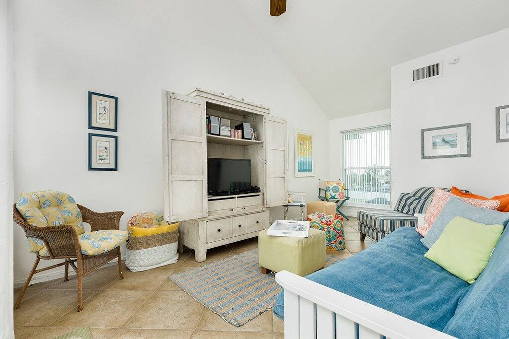 Entspannender Rückzugsort mit Blick auf den Strand (in der Nähe von Jamaica Beach) in Galveston Island, Galveston