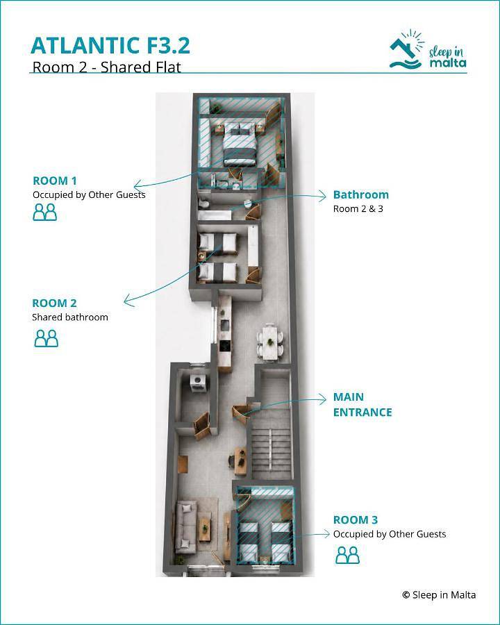 Appartement de vacances entier, F3 Room 2, Private Room two single beds shared bathroom in Msida, Île de Malte