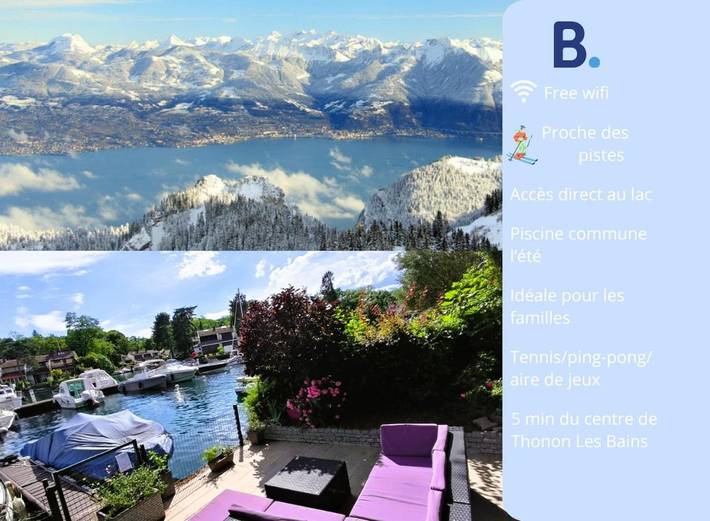 Location de vacances pour 5 personnes, avec piscine et terrasse ainsi que vue et vue sur le lac dans Port Ripaille