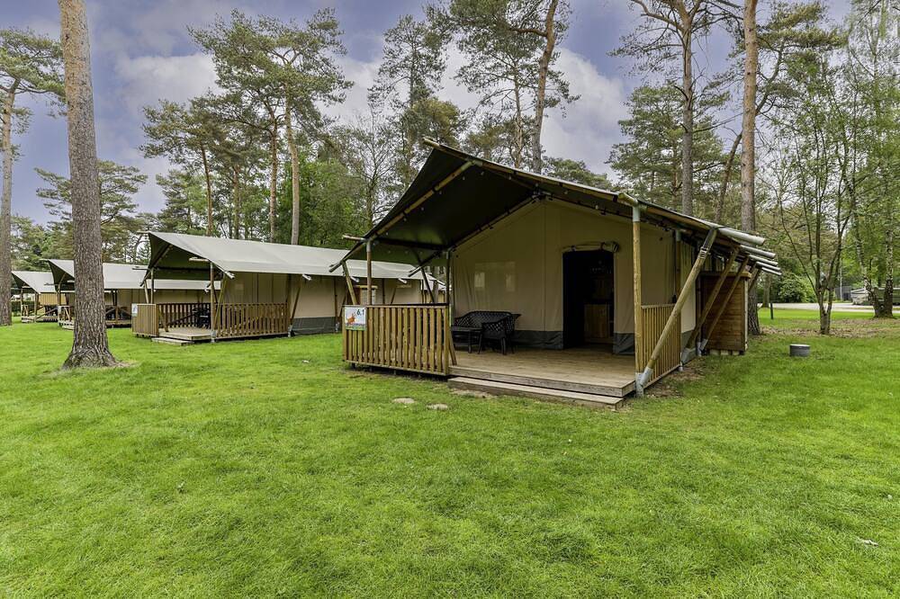 Spannzelt auf schone Campingplatz mit Schwimmbad in Nordbrabant