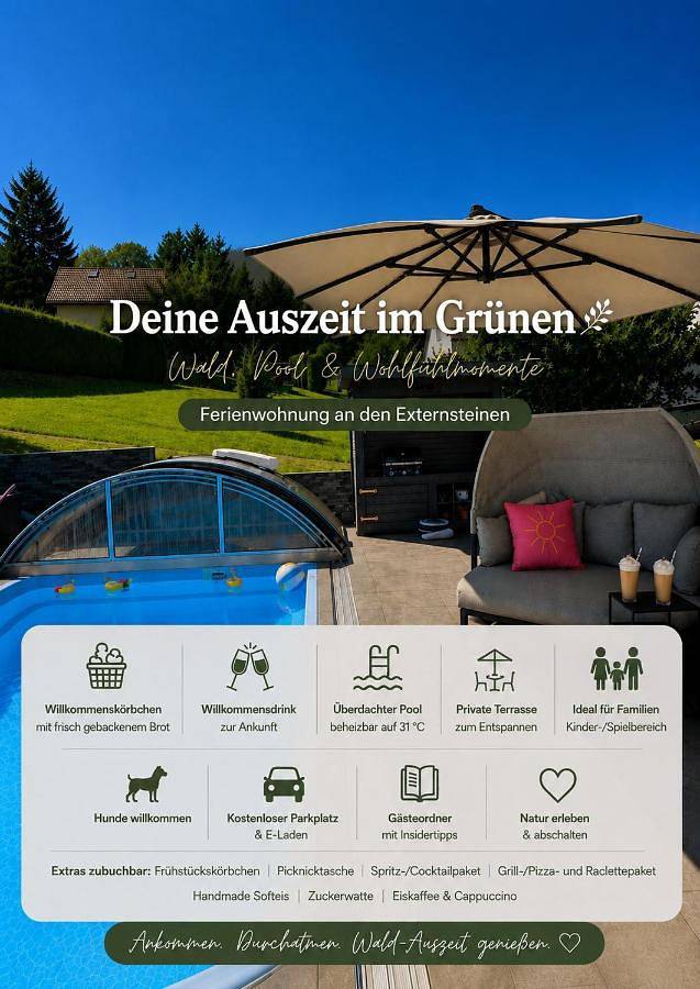 Ferienwohnung für 6 Personen, mit Terrasse und Garten sowie Pool in Externsteine