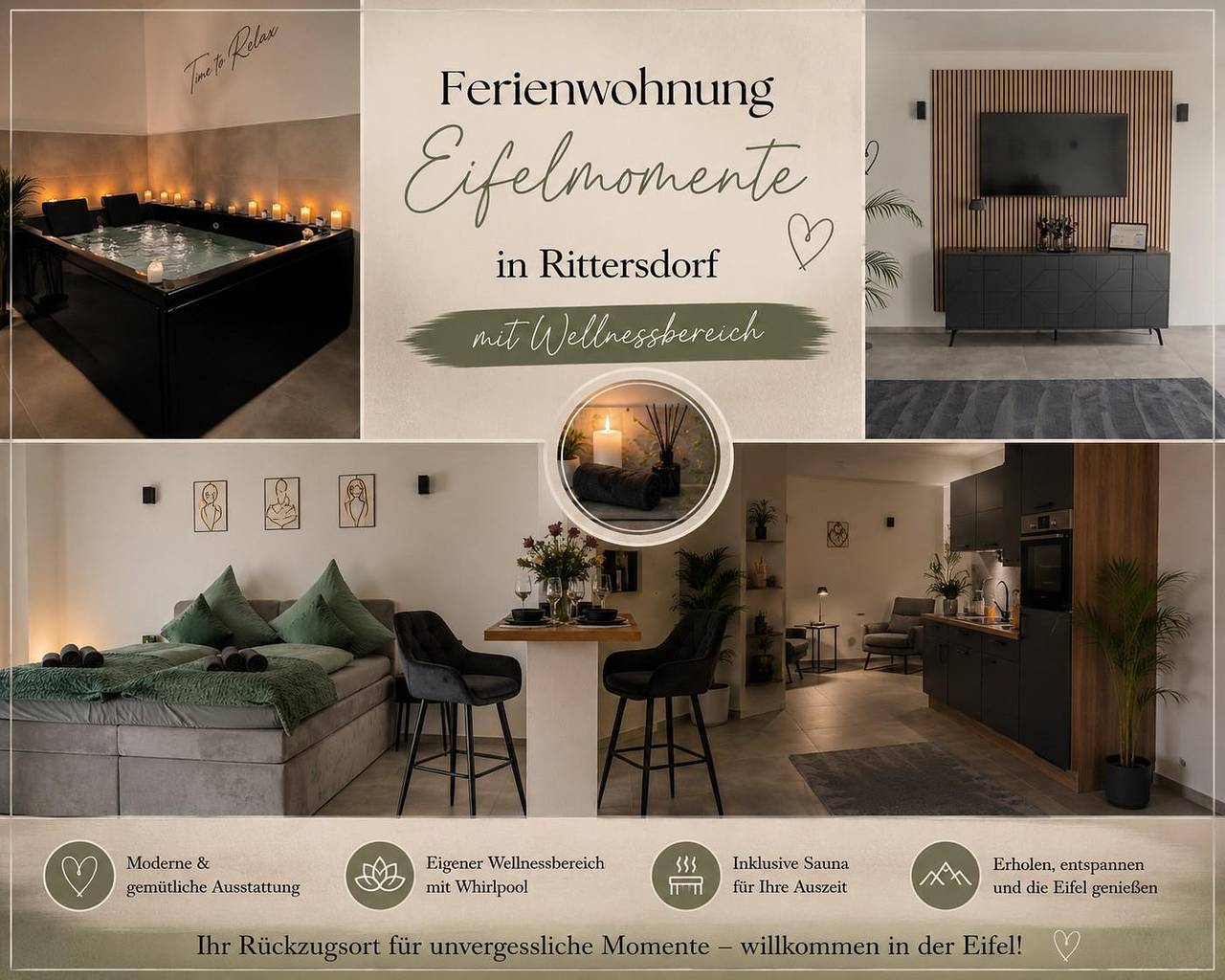 Ganze Ferienwohnung, 2-Bett-Ferienw.Eifelmomente mit Wellnessbereich in Rittersdorf (Rheinland-Pfalz), Eifelkreis Bitburg-Prüm