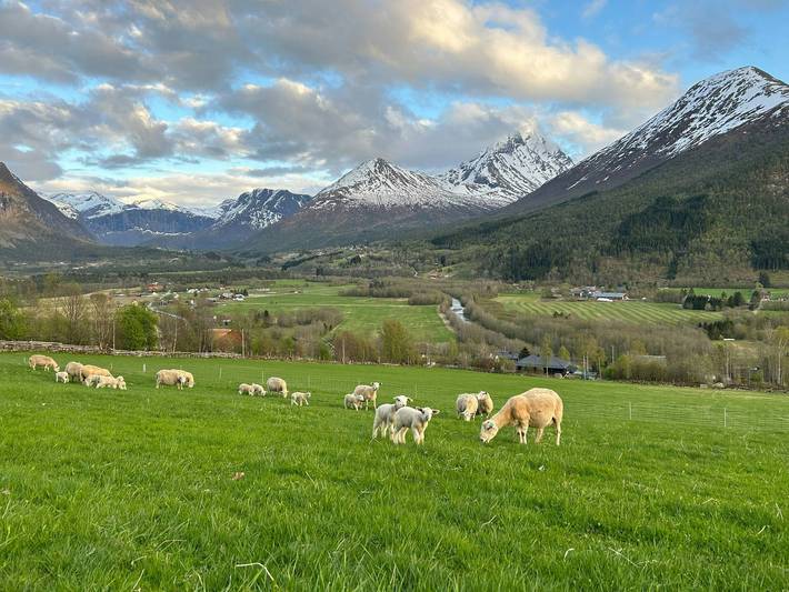 Historischer Kamin im malerischen Isfjord in Rauma (Norwegen), Nördliches Fjordnorwegen