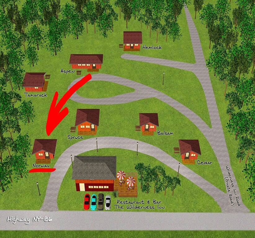 Family Chalet with fireplace under Pine trees in Adirondack Mountains