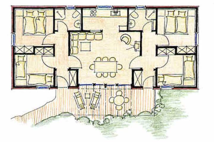Blockhütte für 8 Personen, mit Terrasse und Garten