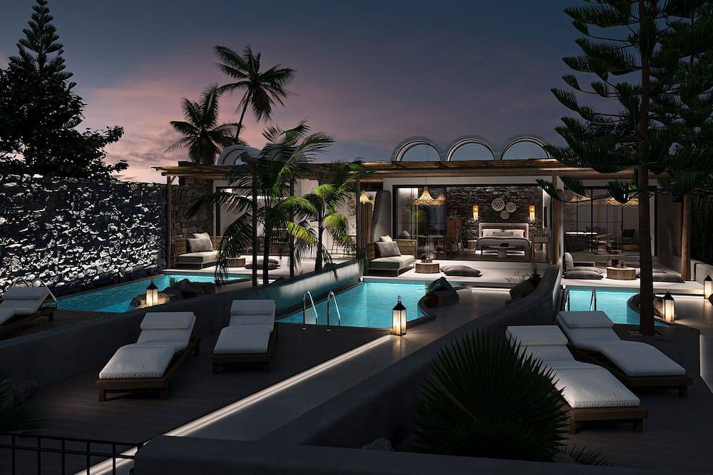 Apocalypsis Suite | walk out Sea View patio  with Private Heated Pool in Perivolos Strand, Perissa