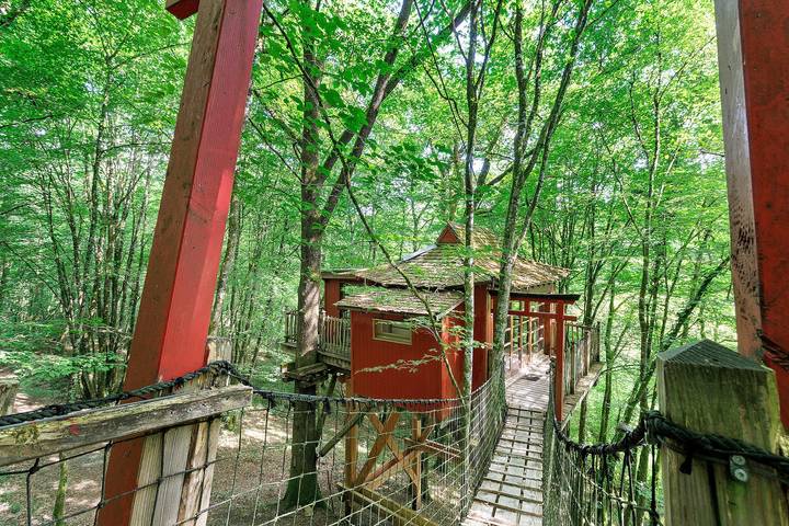 Die Zen-Hütte – Einzigartiger Rückzugsort in 8m Höhe im Wald, Hängebrücke, Terrasse und Aktivitäten in Angoisse, Périgord Vert