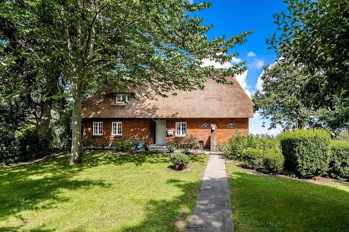 Reetdachhaus inmitten von Wiesen und Feldern in Emmelsbüll-Horsbüll, Nordfriesland