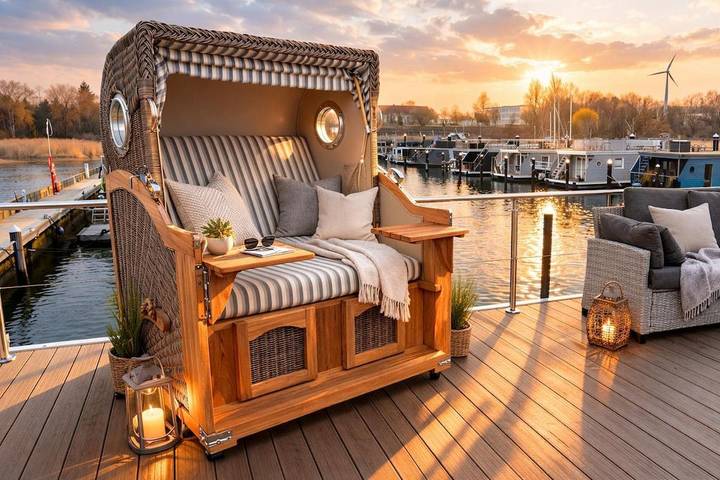 Boot für 4 Personen, mit Terrasse und Seeblick sowie Ausblick in Stralsund