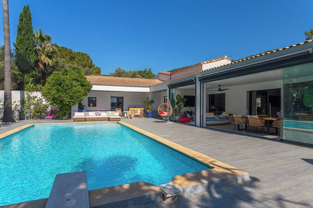 Contemporary Villa D Architect terrace pool surrounded by peaceful olive trees in Solliès-Pont, Toulon region