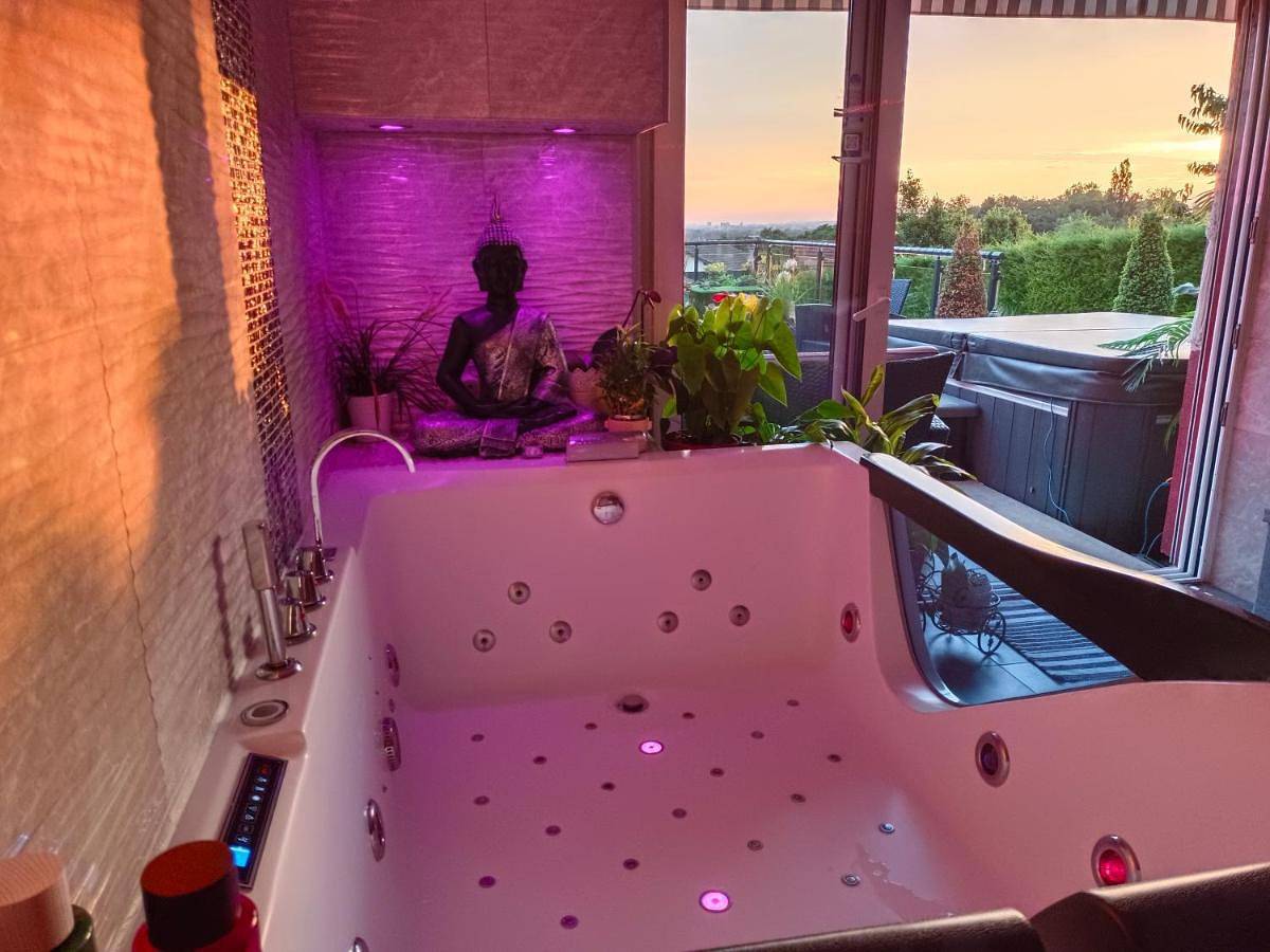 Spa de la Lune - Private love room suite with terrace and view - Air Conditioned- Double jacuzzi - Sauna - King size bed - Free Wifi - Free parking - Free breakfast - Close to Cdg airport and to the North of Paris in Clichy-sous-Bois, Seine-Saint-Denis