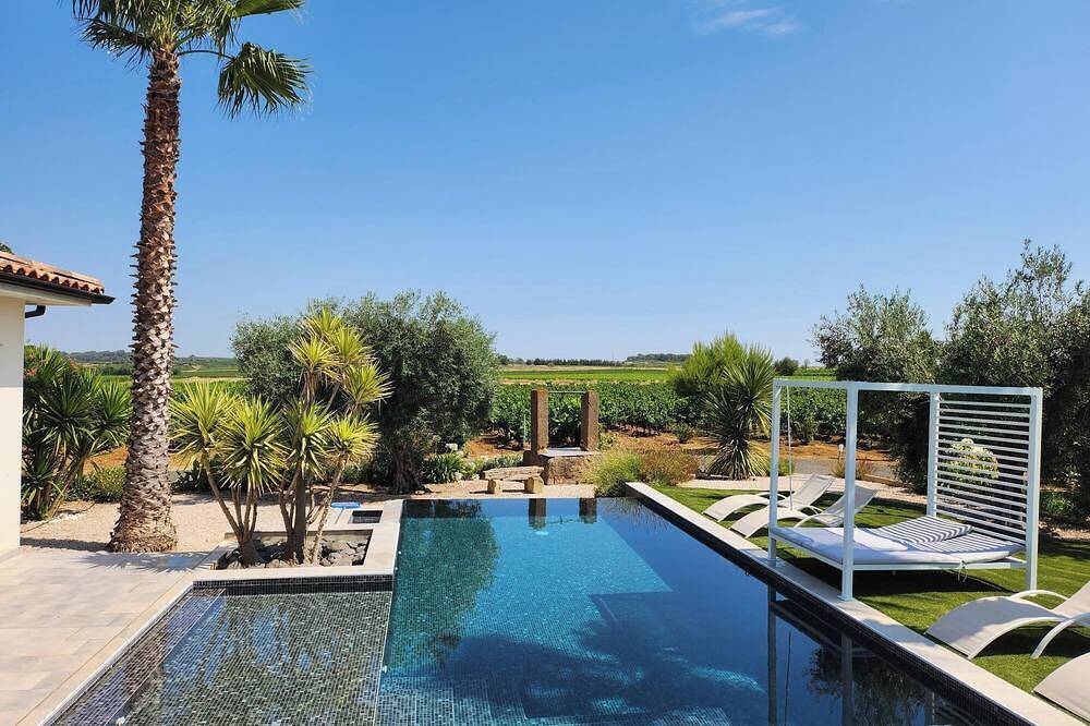 Villa contemporaine avec piscine à débordement dans domaine viticole in Servian, Côte méditerranéenne (France)