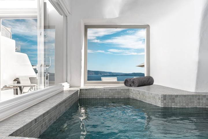 Villa for 2 personer, med sjøutsikt og badebasseng i tillegg til terrasse på Santorini