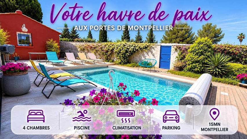 Location de vacances pour 8 personnes, avec vue ainsi que piscine et jardin à Lavérune