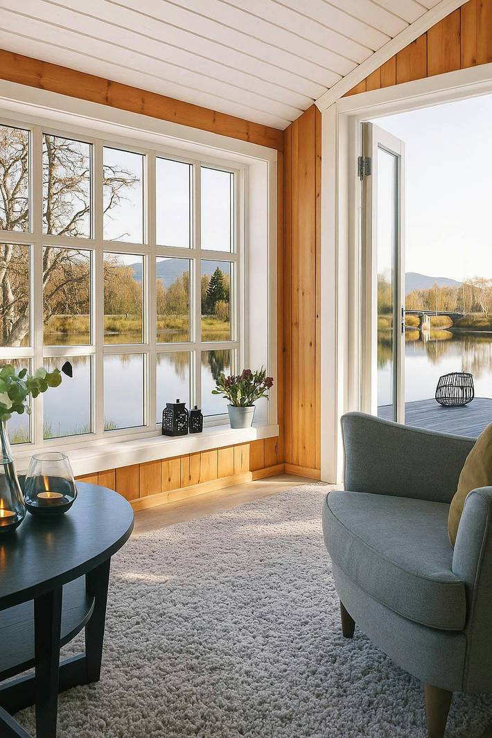 Modernes Haus mit Blick auf den Fluss in der Nähe von Opphus in Stor-Elvdal