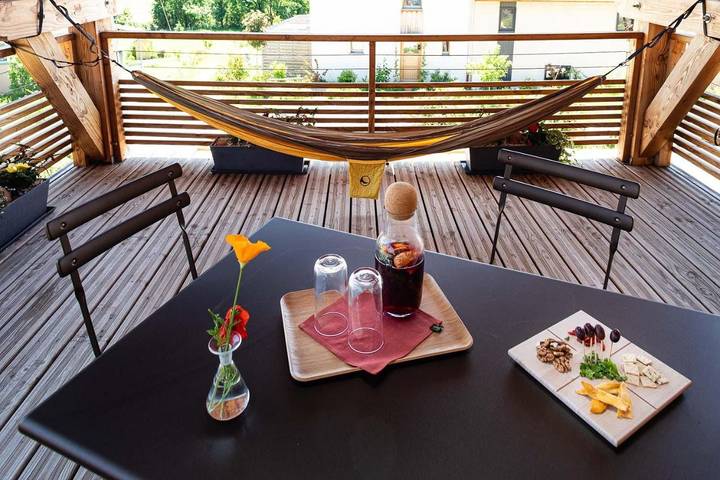 Appartement de vacances pour 2 personnes, avec Balcon et Terrasse ainsi que Jardin et Vue