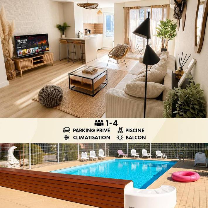 Appartement de vacances pour 4 personnes, avec Balcon et Terrasse ainsi que Jardin et Piscine