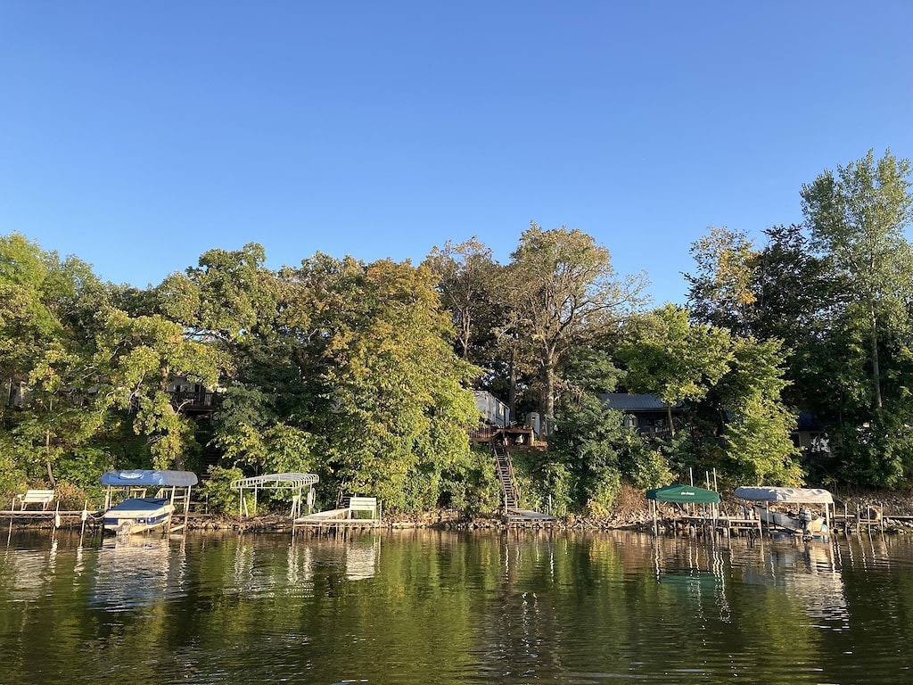 Cabins overlooking the lake Sakatah, bordering the state trail in Le Sueur County