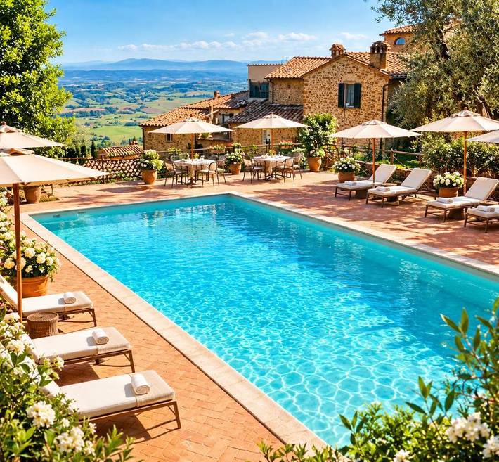 Ferienwohnung für 2 Personen, mit Terrasse und Garten sowie Pool und Ausblick in Rivalto