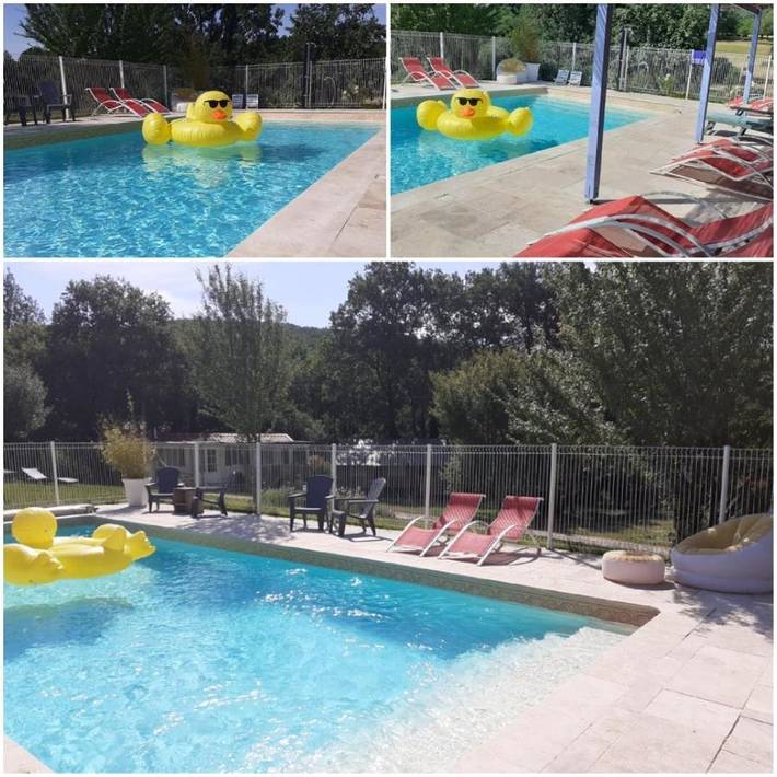 Camping pour 5 personnes, avec vue et terrasse ainsi que jardin et piscine, animaux acceptés