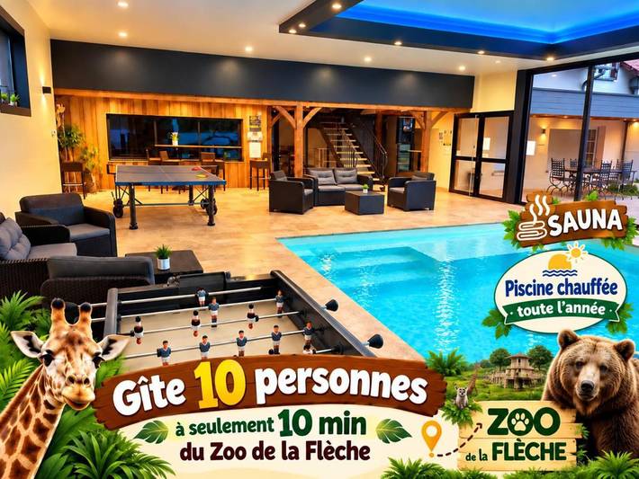 Gîte pour 10 personnes, avec Terrasse et Jardin ainsi que Piscine et Sauna à La Flèche