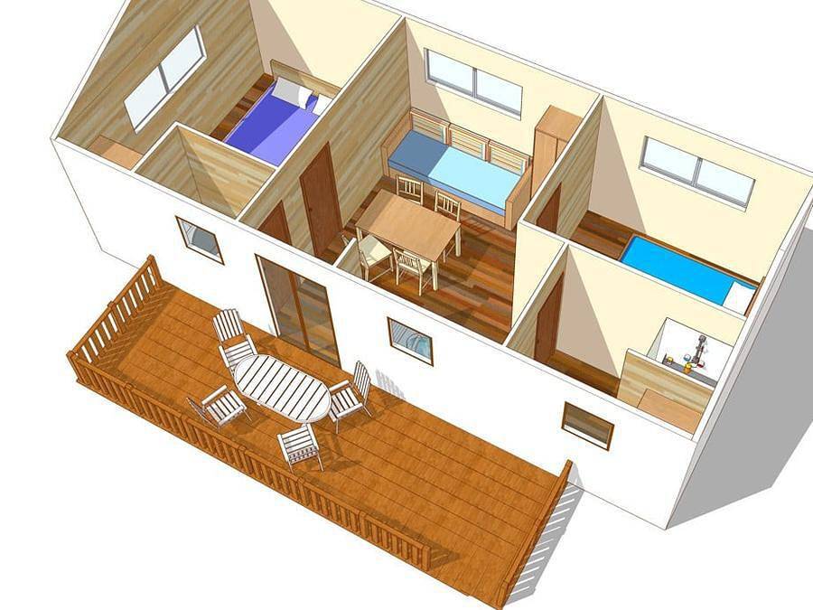 Camping La Nouzarede - Mobilheim 4 personen - Comfort Xl | 2 Schlafz. | 4 Pers. | Erhöhte Terrasse in Joyeuse, Parc naturel régional des Monts d'Ardèche