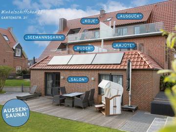 Ferienhaus mit Meerblick für 9 Personen, mit Terrasse und Garten sowie Seeblick auf den Ostfriesische Inseln