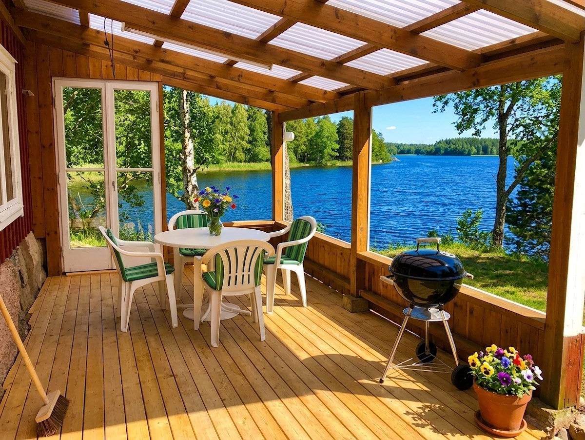 Ferienhaus am See mit grasenden Pferden als Nachbarn in Mar Baltico svedese