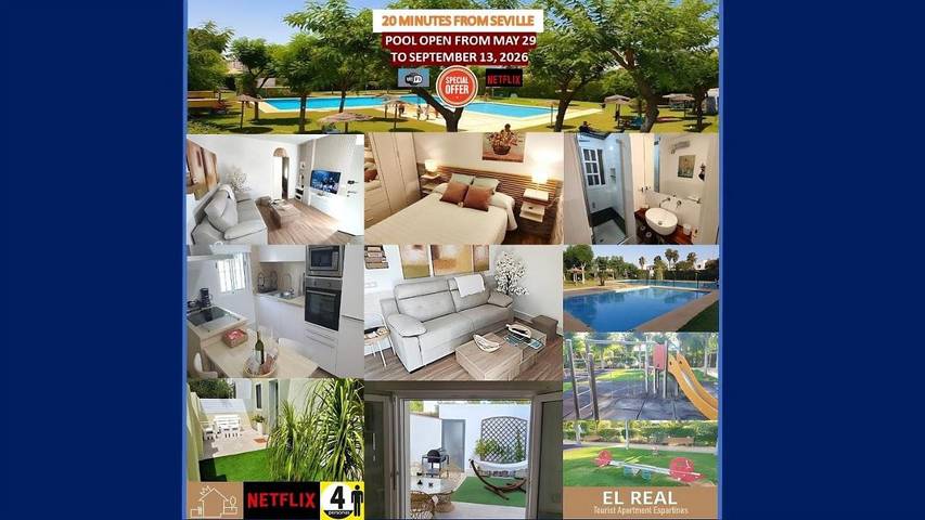 Apartamento para 4 personas, con Terraza además de Jardín y Piscina en Espartinas