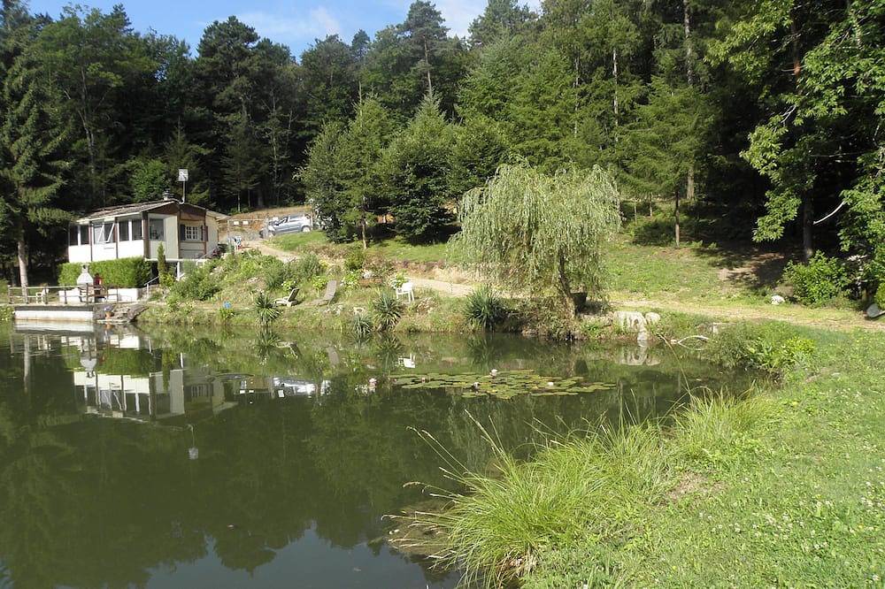 Chalet con vistas a un estanque en un entorno verde. in Augignac, Parque Natural Regional Périgord-Limousin