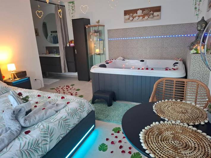 Chambre d’hôte pour 2 personnes, avec Jacuzzi et Terrasse ainsi que Jardin et Vue