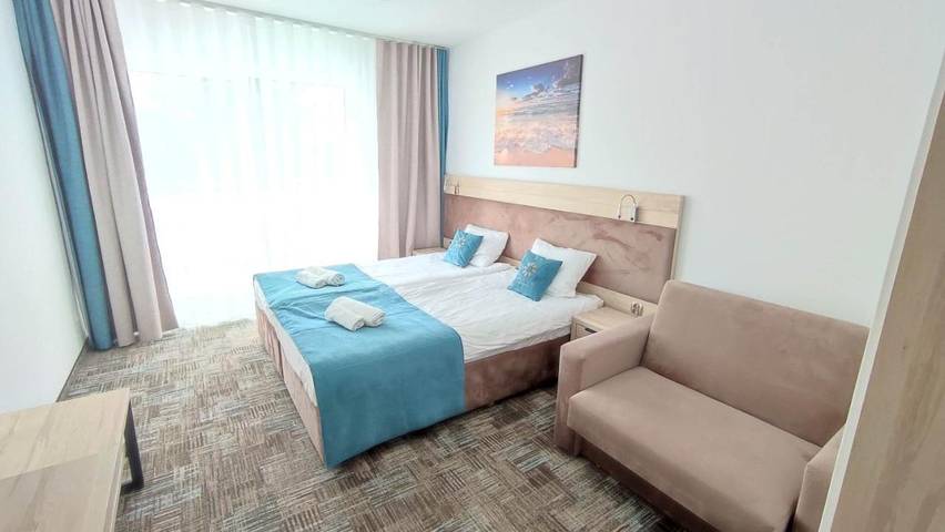 Apartament wakacyjny dla 3 osób, z sauna i taras oraz widok w Grzybowo