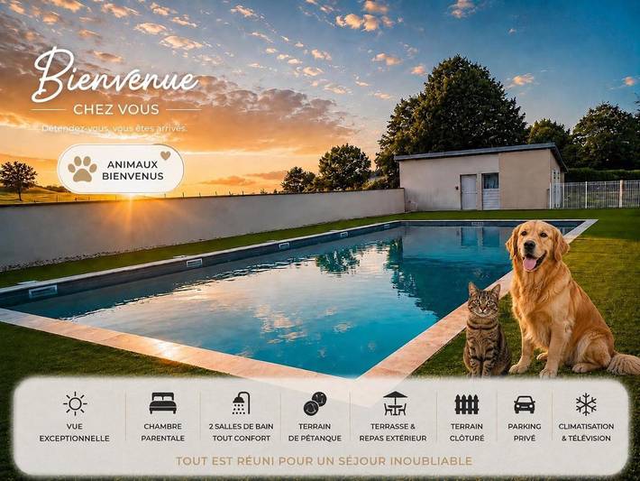 Location de vacances pour 6 personnes, avec Terrasse et Jardin ainsi que Piscine et Vue à Ayen