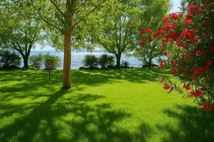 Ferienhaus für 4 Personen, mit Terrasse und Garten sowie Pool und Seeblick