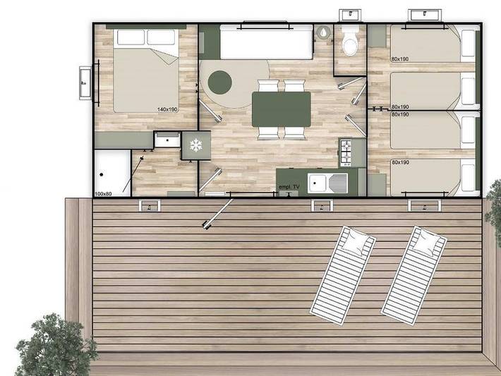 Camping Le Pinada - Mobilheim 6 personen - Premium - 3 Schlafzimmer mit Klimaanlage, Tv, Geschirrspüler - 34m² in Fabrezan, Mittelmeerküste (Frankreich)
