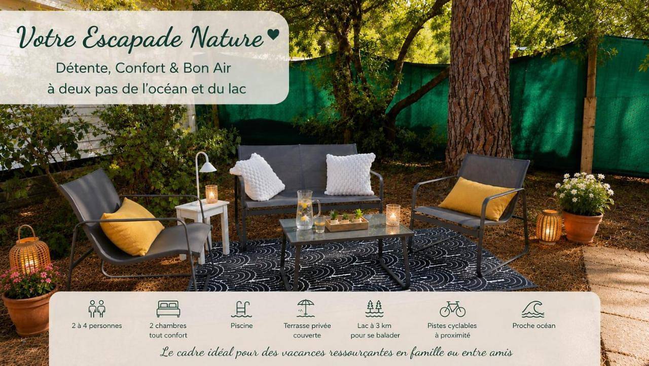 Mobil-home 2 chambres tout confort avec terrasse couverte - Camping calme entre Océan, Lac et Pinède in Lac de Lacanau, Lacanau