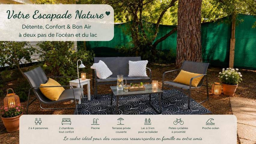 Camping pour 4 personnes, avec Terrasse ainsi que Jardin et Piscine