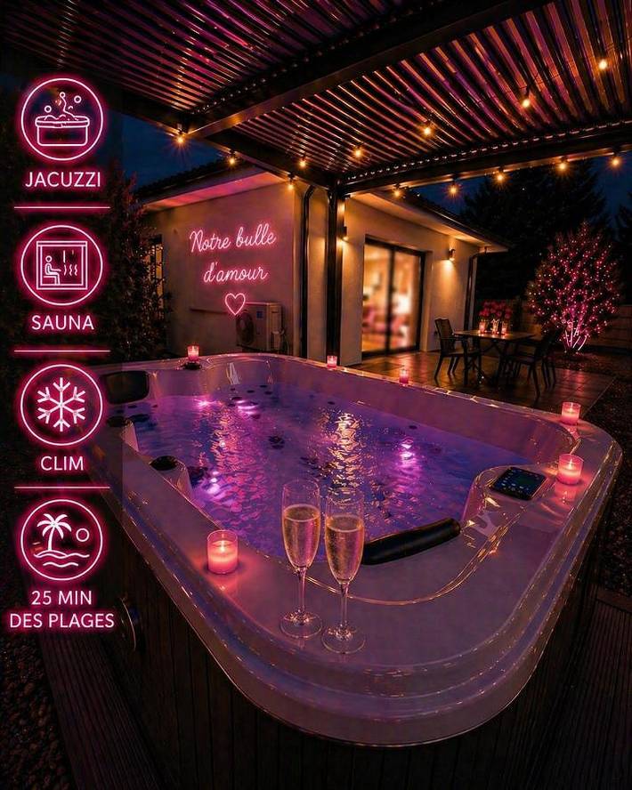 Location de vacances pour 2 personnes, avec jacuzzi et terrasse ainsi que jardin et sauna à Ychoux