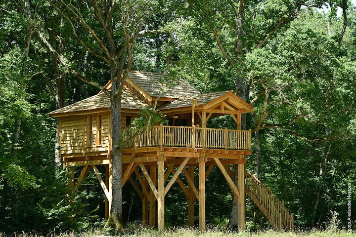 Cabane dans les arbres pour 4 personnes, avec Balcon et Jacuzzi ainsi que Terrasse et Vue sur le lac