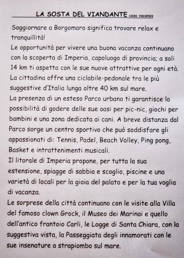 La sosta del Viandante in Borgomaro, Riviera di Ponente