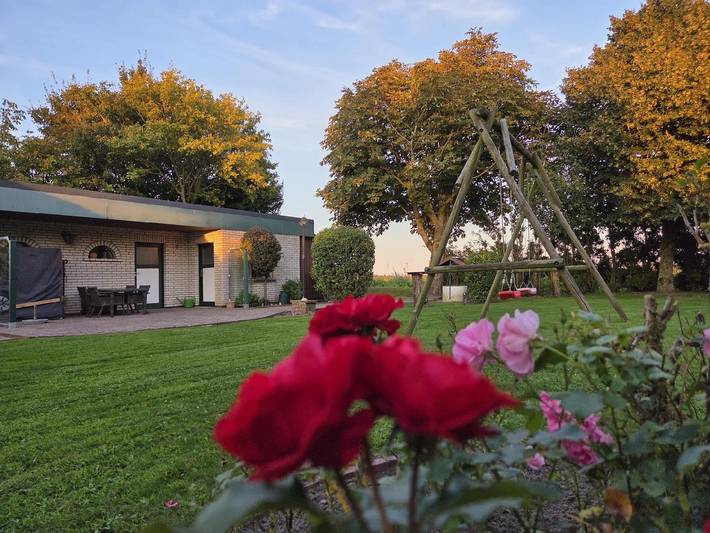 Kleines historisches  Reetdachhaus auf altem Deich in Helse, Kreis Dithmarschen