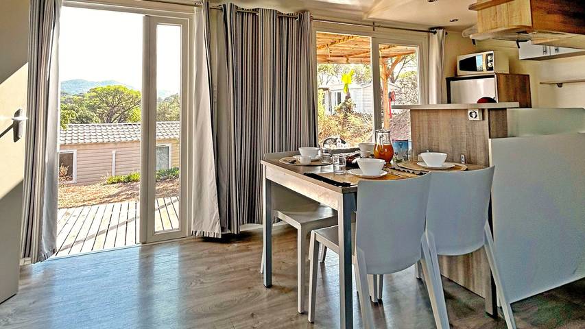 Caravane pour 4 personnes, avec piscine, animaux acceptés