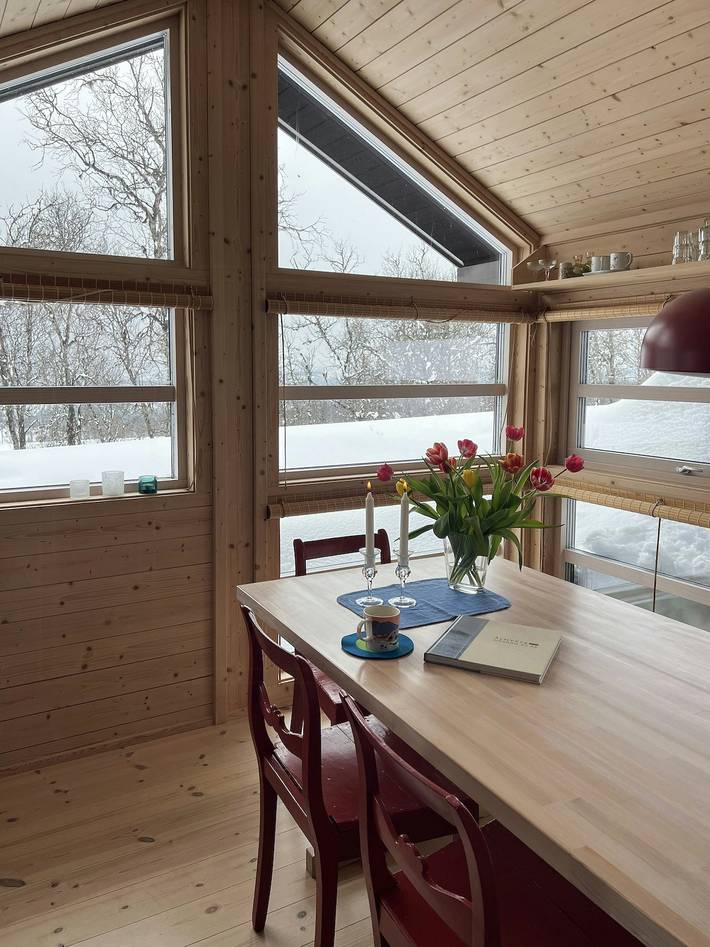 Moderne Ålhytte am Fuße des Reinskarvet in Ål