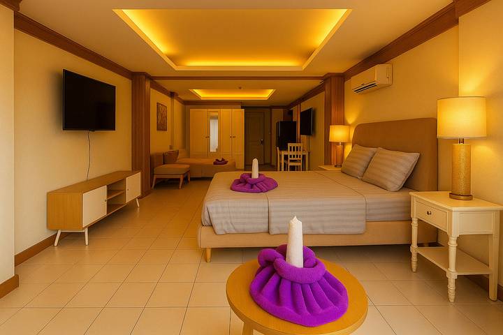 Appartement de vacances pour 4 personnes, avec piscine ainsi que vue sur l’océan et jardin, adapté aux familles