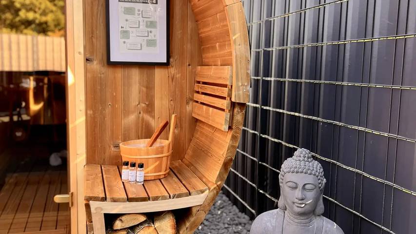 Ferienwohnung für 3 Personen, mit Terrasse und Whirlpool sowie Garten und Sauna am Bostalsee
