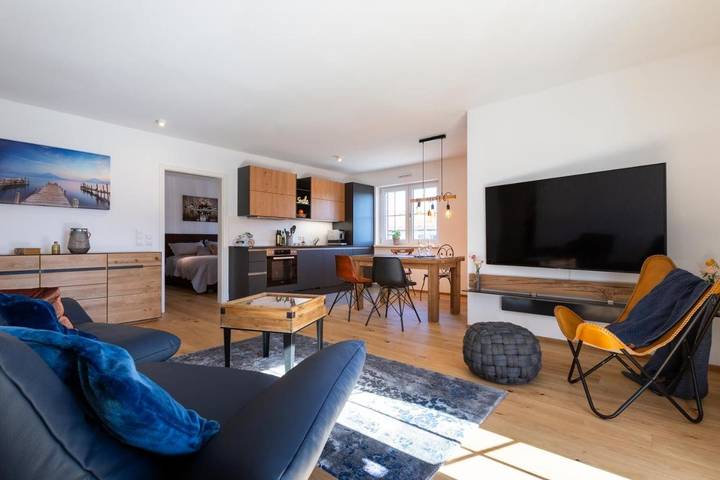 Ferienwohnung für 4 Personen, mit Balkon und Terrasse sowie Sauna und Ausblick